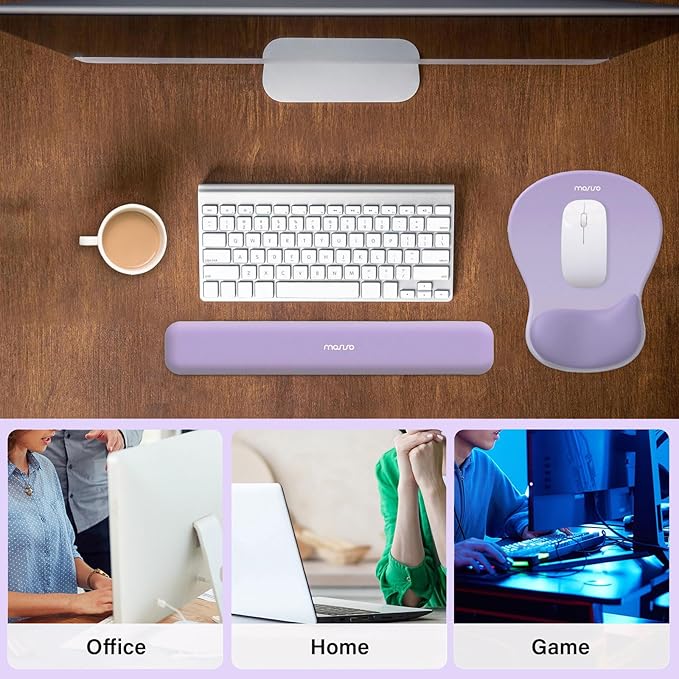 MOSISO Wrist Rest Support for Mouse Pad&Keyboard Set, Ergonomic Mousepad with Concave Curved Memory Foam, Non-Slip Base Pain Relief Comfortable Rectangular Easy Typing Pad for Home/Office, Purple