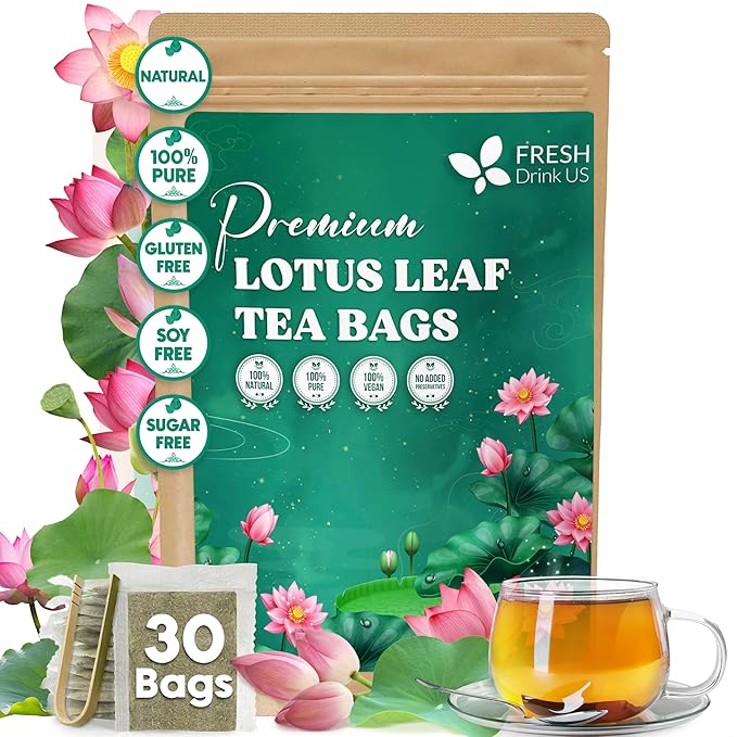 FreshDrinkUS, Premium 30 Lotus Leaf Tea Bags, 100% Natural & Pure from Lotus Leaves. Loose Leaf Lotus Herbal Tea. Made with Eco-Conscious Tea Bags. No Sugar, No Caffeine, No Gluten, Vegan.