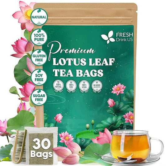FreshDrinkUS, Premium 30 Lotus Leaf Tea Bags, 100% Natural & Pure from Lotus Leaves. Loose Leaf Lotus Herbal Tea. Made with Eco-Conscious Tea Bags. No Sugar, No Caffeine, No Gluten, Vegan.