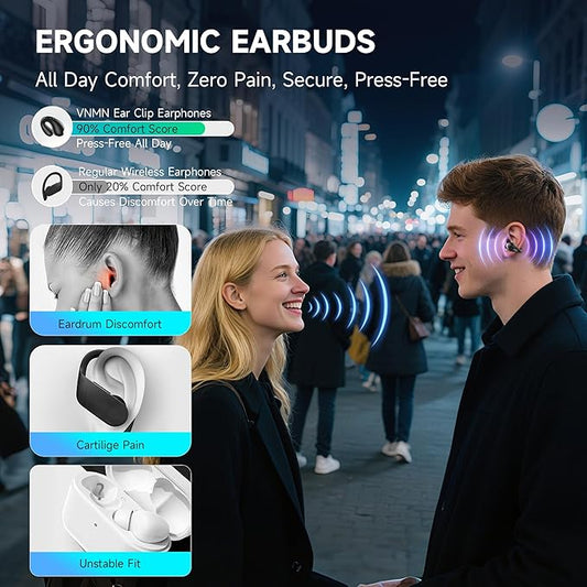 Open Ear Earbuds Wireless Bluetooth 5.3 Flexible Clip On Open Ear Earbuds with 36H Playtime LED Display Bone Conduction IPX7 Lightweight Fit for Every Ear, Sport, Workout