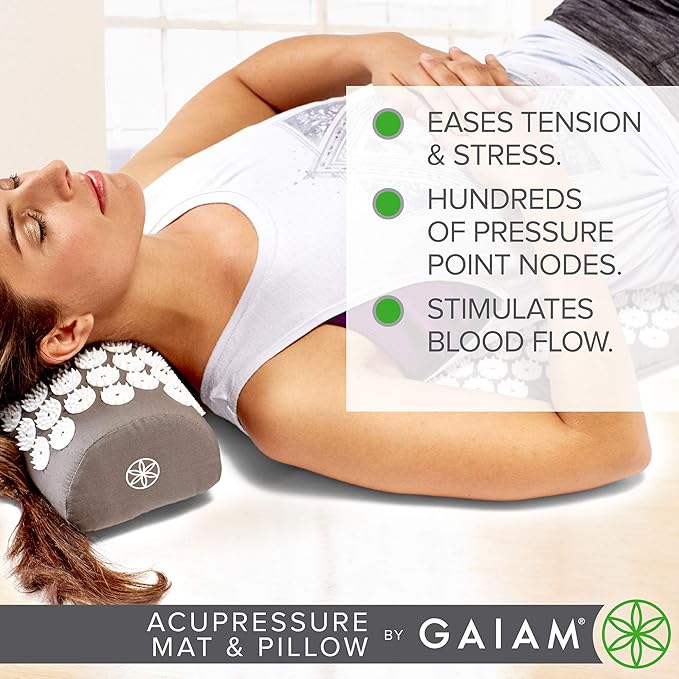 Gaiam Acupressure Mat and Pillow Set, Acupuncture Style Massage Mat & Pillow, Relief for Sciatic Nerve, Muscle Tension, Fibromyalgia, Neck, Shoulder & Back Pain, Migraine & Headaches and Insomnia Grey