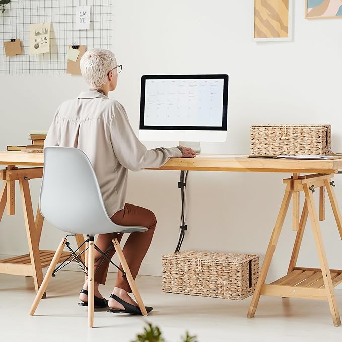 Posprica Cable Management Box with Lid, 2 Pack Handwoven Faux Ratten Cord Hider Organizer Boxes, 2 Side Open Slots Storage Box to Hide Cords and Power Strip for Desk, Floor, Office