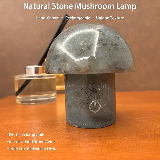 Handcrafted Onyx Mushroom Lamp - 4.3" x 4.7" Natural Marble Stone Night Light with 3-Level Brightness, Rechargeable Touch LED Accent Light for Bedroom, Office, Gift
