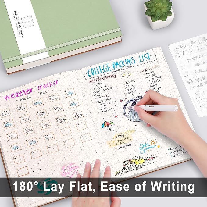 AHGXG Bullet Dotted Journal - 320 Pages Dot Grid Notebook B5 Large Journal, 100gsm Thick Dotted Paper, Leather Softcover, with Journal Stencils, Inner Pocket, 7.6'' X 10'' - LightGreen