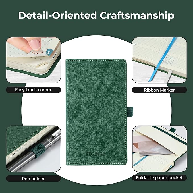 Weekly Monthly 2025-2026 Planner (July 25-Dec 26),6.5"x3.75",18 Months Agenda Plan with Month Tabs & Pocket,Expenses/Note Pages, Academic Calendar with Vegan Leather Cover,Green