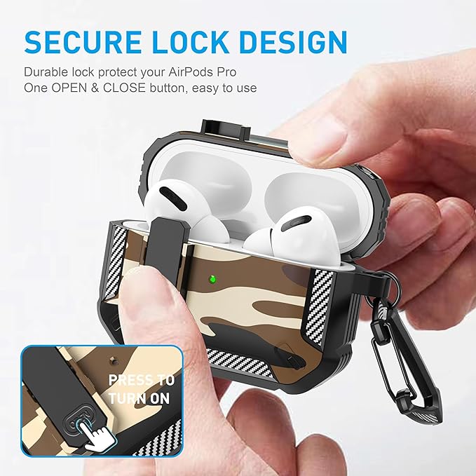 Maxjoy for AirPods Pro Case Cover with Lock, AirPods Pro 1st Generation Case for Men Military Rugged Protective Cover with Keychain Compatible with Apple AirPod Pros 2019 Front LED Visible, Brown Camo