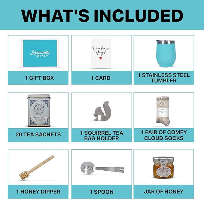 Tea Gift Set for Women – Thoughtful Get Well Gift Box with Cozy Socks, Stainless Tumbler, 20 Tea Sachets, Honey Jar & Sending Hugs Card (Vanilla Decaf - Cloud Socks)