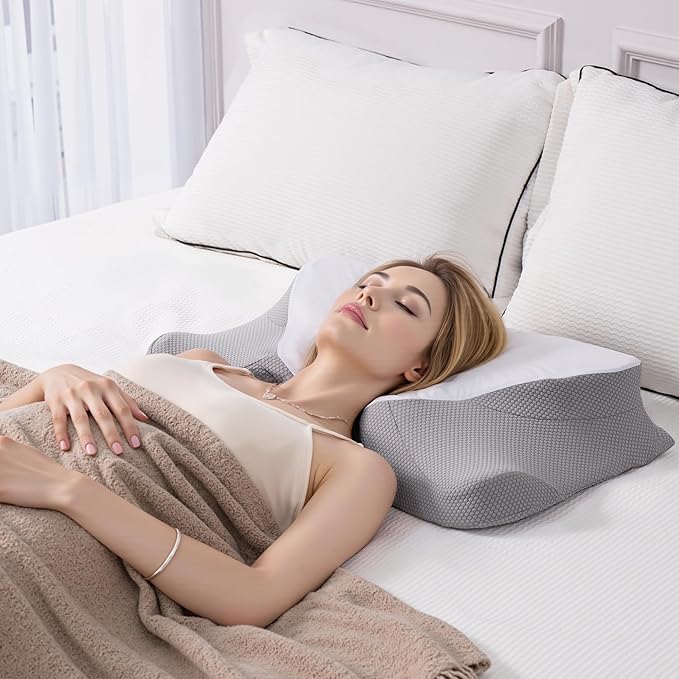 Supportive Cooling Pillow for Comfortable nap time Sleep Quality; an Ergonomic Memory Foam Pillow for Shoulder and Neck Pain Relief, Perfect for Side Sleepers(White Grey)