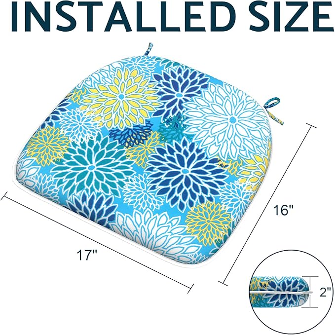 Indoor/Outdoor Chair Cushions 16x17 Inch, Patio Chair Cushions with Ties, All Weather Seat Cushions for Patio Furniture Home Garden Chair Use, Set of 2, Dahlia Blue