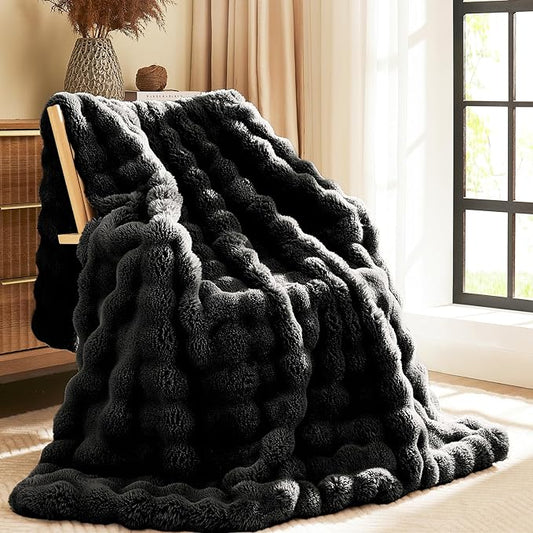 L'AGRATY Faux Rabbit Fur Blanket: 60" x 80" Twin Luxury Soft Fluffy Thick Fur Throw Blanket for Couch Bed Sofa - Cozy Plush Bubble Blankets for Winter: Flannel Fleece Decorative Blanket(Black)