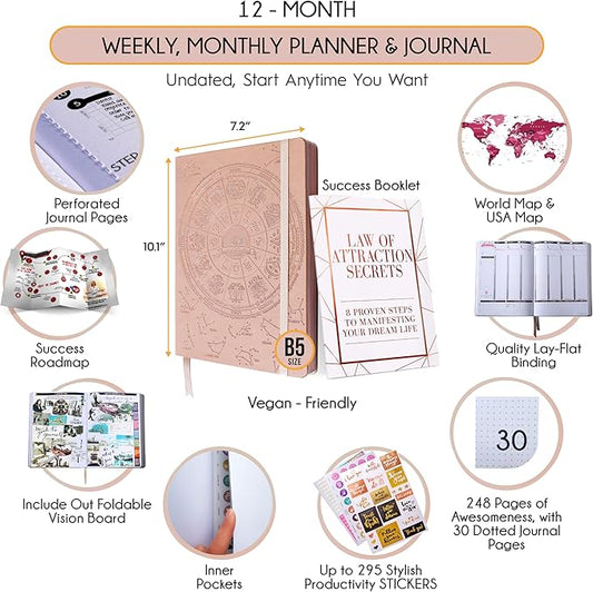 Law of Attraction Planner – Undated Hourly, Weekly & Monthly Goal Setting Planner, 12-Month to Increase Productivity | Life & Gratitude Journal, Include Foldable Vision Board, Gift Box & Stickers
