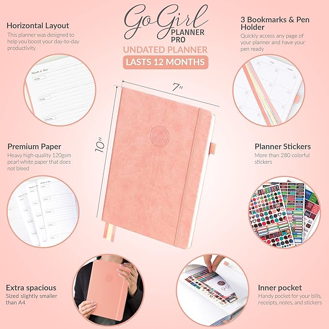 GoGirl Planner PRO - Undated Horizontal Layout Weekly Planner and Organizer + Budgeting and Expense Tracking Pages, Goals Journal & Agenda, 7" x 10" Hardcover, Lasts 1 Year - Peach Pink