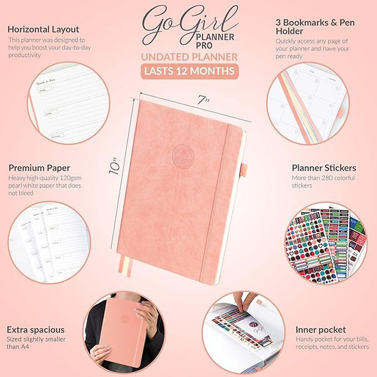 GoGirl Planner PRO - Undated Horizontal Layout Weekly Planner and Organizer + Budgeting and Expense Tracking Pages, Goals Journal & Agenda, 7" x 10" Hardcover, Lasts 1 Year - Peach Pink