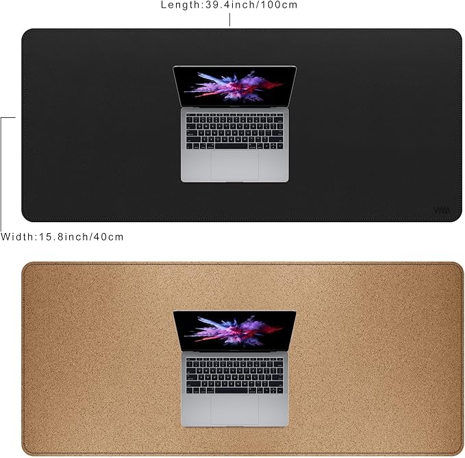 Vyaaa PU Leather & Cork Desk Mat, 39.4"x15.7" Dual Sided Computer Desk mat, Waterproof Large Mouse Pad, Non-Slip Office Desk pad, Office Desk Protector for Work/Gaming/Home (Black)