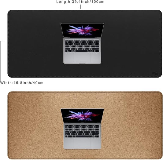 Vyaaa PU Leather & Cork Desk Mat, 39.4"x15.7" Dual Sided Computer Desk mat, Waterproof Large Mouse Pad, Non-Slip Office Desk pad, Office Desk Protector for Work/Gaming/Home (Black)