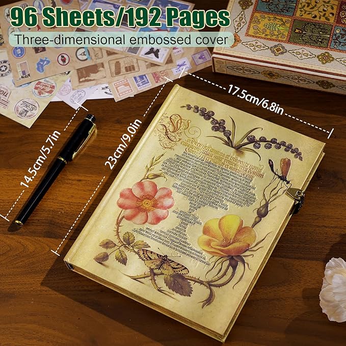 96 Sheets/192 Pages Vintage Lined Journal,Comes With Envelope Pocket Notebook Journal,Retro 3D Thorn Vine Rose Cover Hardcover Journal,Suitable As Travel Diary,A Notebook,Or Wedding Anniversary.
