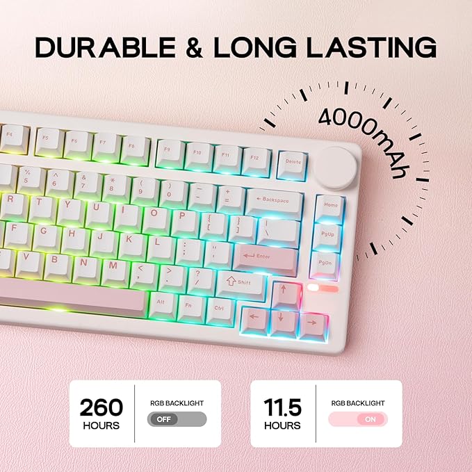 EPOMAKER QK81 75% Wireless Mechanical Gaming Keyboard, QMK/VIA Programmable and Hot-Swappable, 81 Keys with Metal Knob, 2.4Ghz/BT/USB, Creamy Gasket-Mount, RGB Backlight (White, Flamingo Switch)