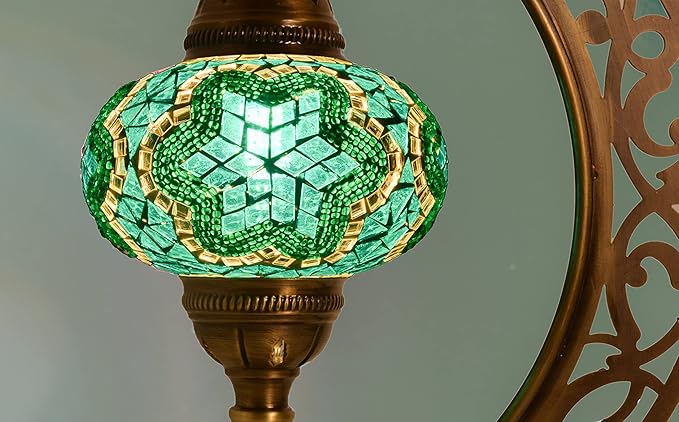 mozaist Turkish Stained Glass Luna Shape Table Lamp, Moroccan Crescent Tiffany Style Handmade Desk Light, Rustic Moon Living Room, Mosaic Lampshade Office Decorative Dim Lighting (Emerald Green)