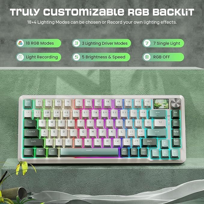 Redragon K708 Pro Wireless Mechanical Gaming Keyboard - Gasket-Mounted RGB Backlit, 81 Customizable Keys, 3-Mode (2.4G/Bluetooth/USB), Hot-Swap Pre-Lubed Switches, Screen & Control Knob - White Green
