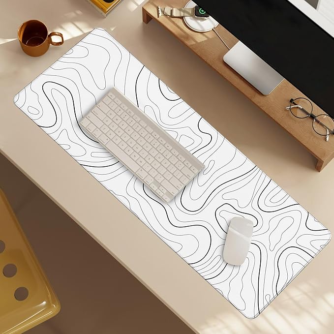 White Minimalist Topographic Map Mouse Pad - Contour Extended Large Stitch Edge Mousepad Black & White Non-Slip Gaming Desk Mat 31.5x11.8inch