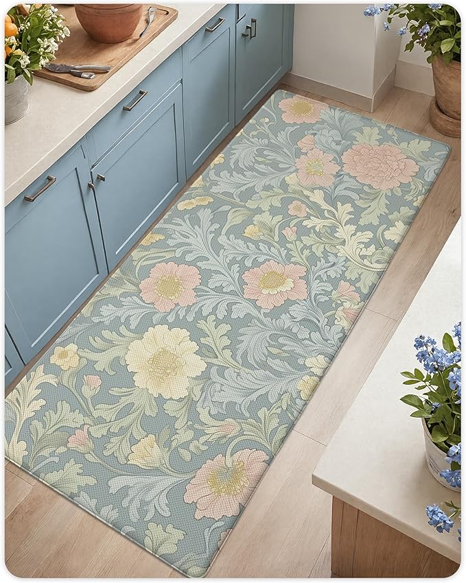 Color&Geometry Floral Kitchen Mat 24"x59", Anti Fatigue Mats for Kitchen Floor, Kitchen Rugs Non Slip, Waterproof & Oil Proof Kitchen Runner for Standing Desk Office, Sink - Dusty Blue