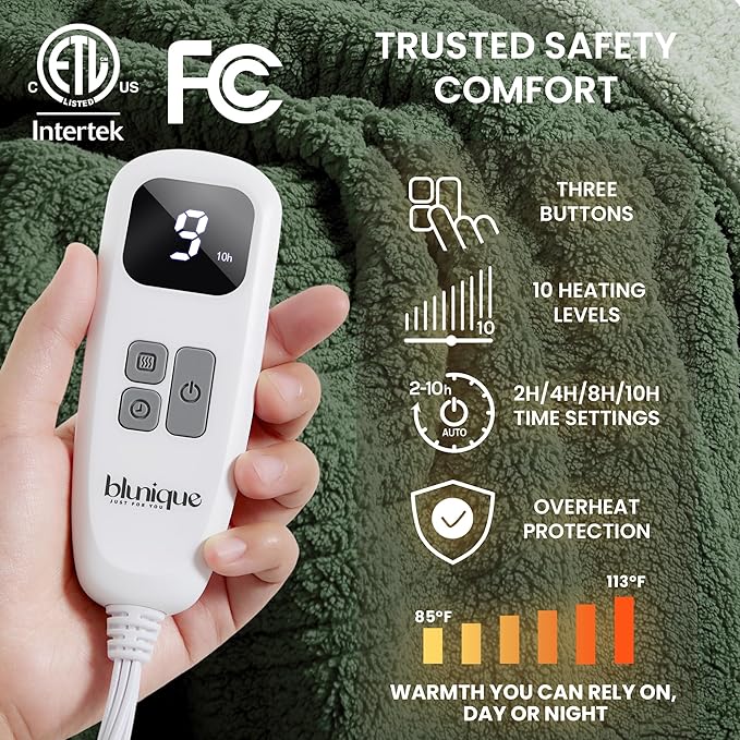 Electric Heated Blanket Queen 84x90 inches, Fast Heating w/ 10 Heat Settings & 2/4/8/10H Auto Timer, Double-Sided Sherpa, Ultra Soft & Cozy for Couch, Bed, Office, Machine Washable