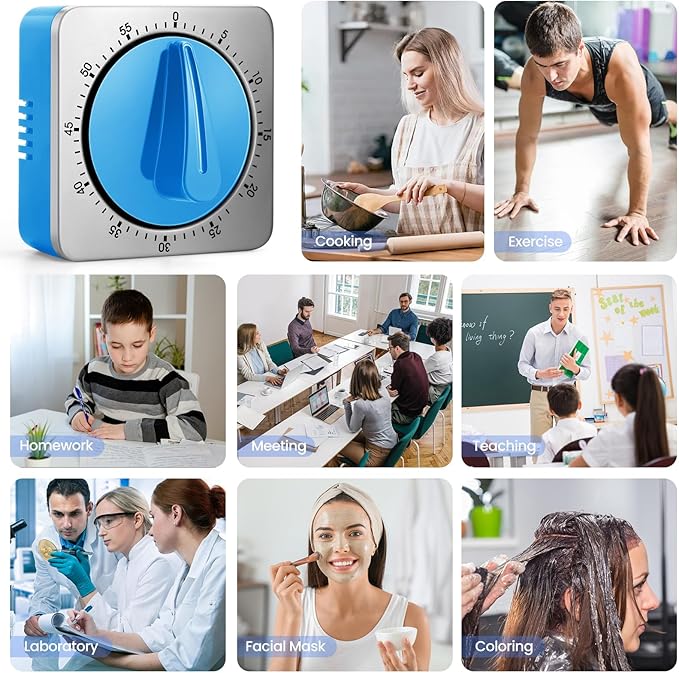 Kitchen Timers for Cooking, Chef Cooking Timer Clock with Loud Alarm,100% Mechanical Desk Timer - No Batteries Required -Magnetic Back, Exquisite Stainless Steel Body -Countdown Reminder Magnetic-Blue
