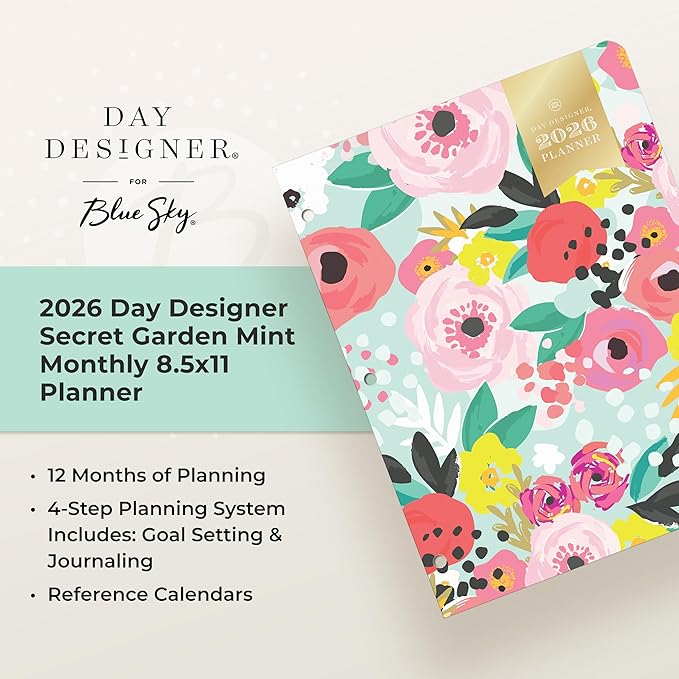 Blue Sky Day Designer 2026 Monthly Planner Calendar, January 2026 - December 2026, 8.5" x 11", Clear Flexible Cover, Stapled Binding, Secret Garden Mint