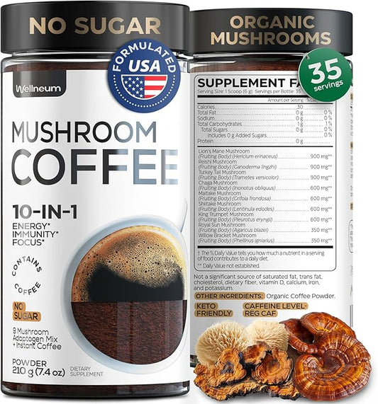 Mushroom Coffee - 10-in-1 Mushroom Superfood Adaptogen Mix - Lion's Mane, Chaga, Turkey Tail, Reishi, Organic Arabica Instant Coffee - for Gut Health, Immunity, Energy - Sugar Free - 7,4 oz (35 Serv)