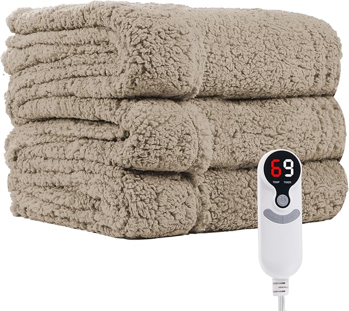 Electric Heated Blanket 6 Heating Settings & 10H Auto Off Full 72×84 Ultra-Soft Warm Machine Washable Home Office Light Brown
