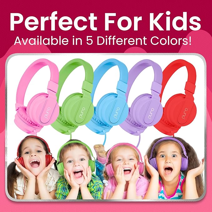Puro Sound Labs PuroBasic Kid Headphones with Cord - Volume-Limiting & Adjustable with Microphone – Compatible with Smartphones, Tablets, PCs, and More – Safe, Durable Headphones for Kids – Pink