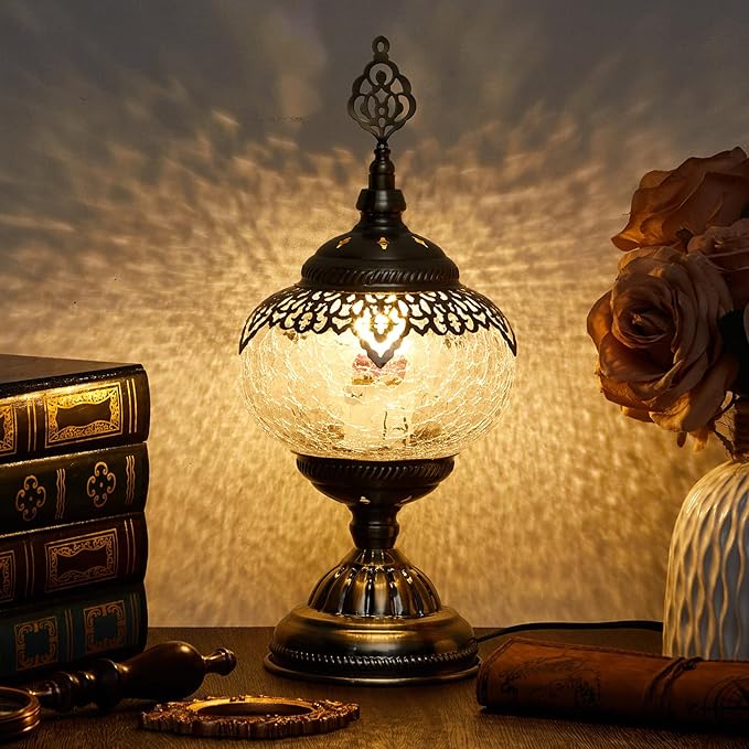 Large Globe Turkish Moroccan Table Lamp Handmade Vintage Moroccan Glass Lampshade Turkish Desk Lamp Bohemian Decorative Night Light for Bedroom, Living Room, LED Bulb Included (Bright)