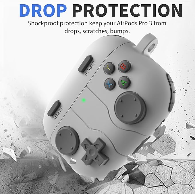 for AirPods Pro 3 Case(2025) DamonLight Game Case Shock-Proof Protective Silicone with Cleaning Pen and Keychain Accessories for Apple Airpods Pro 3rd Generation (Gray)