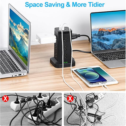BEVA Power Strip Tower with USB Ports, 6.5 FT Surge Protector Power Tower, 12 AC and 4 USB Ports, 6.5 FT Extension Cord with Multiple Outlets, Office Supplies Office Organization (Black)