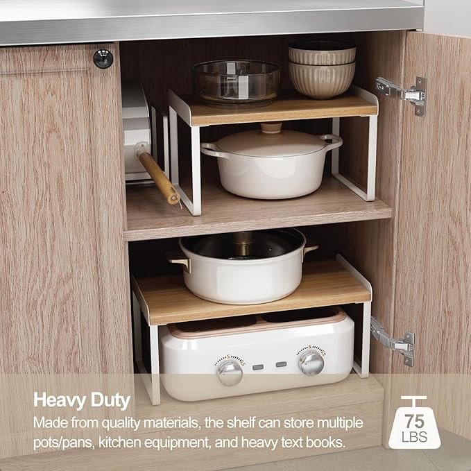 Mitus Shelf Organizer and Storage, Tiered Wood Cabinet Rack for The Kitchen Counter, Bathroom Counter, Pantry Cupboard, Office Desk Bookshelf, 12" Wide Natural and White