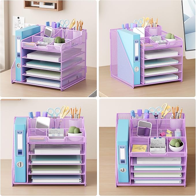 Lavatino 5-Tier Metal Mesh Desk Organizer with File Holder & 7 Customizable Compartments | Paper Letter Tray for Office or Home Desk Storage | Keep Workspace Supplies Neat & Organized, Purple