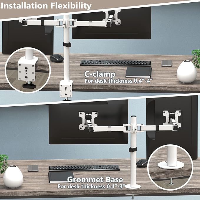 WALI Dual LCD Monitor Fully Adjustable Desk Mount Stand Fits 2 Screens up to 27 inch, 22 lbs. Weight Capacity per Arm (M002-W), White