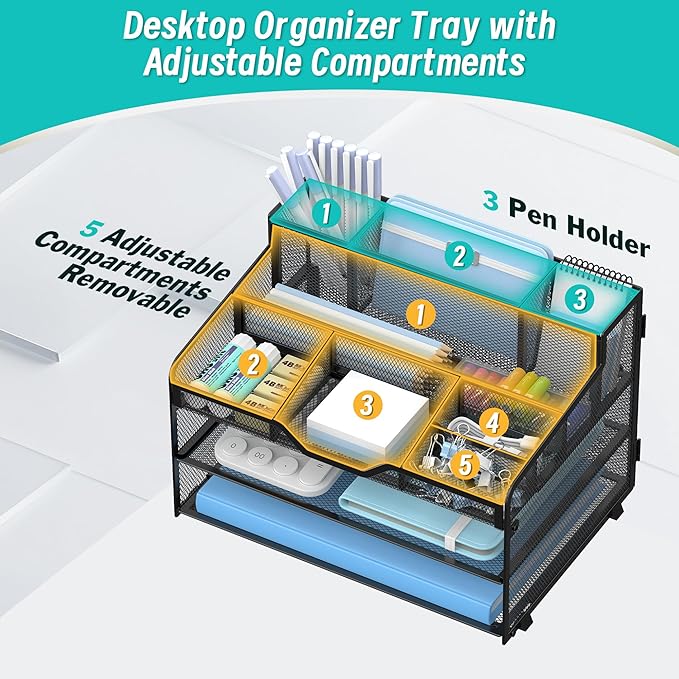 OrgMate 3 Tier Mesh Desk Organizer,Multi Functional Letter Paper Tray with 3 Pen Holders and 5 Adjustable Storage Compartments for Office Supplies Files and Mail Space Saving Desktop Organizer-Black
