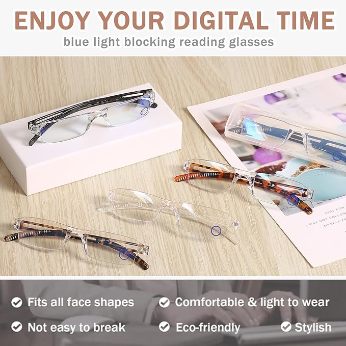 AQWANO 5 Pack Rimless Computer Reading Glasses Blue Light Blocking, Fashion Clear Frames Lightweight & Comfort Readers for Women Men Anti Glare/Eyestrain, 1.75