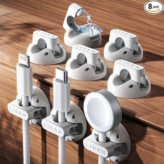 8 Pack Magnetic Cable Clips Organizer, LISEN Cord Holder for Nightstand [Smooth Adjustable] Adhesive Organizer for Cords Under Desk for Home Office Desk Car Wall Desktop Nightstand-White