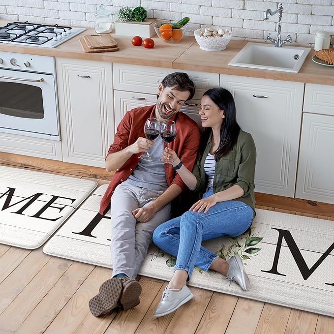 KIMODE Anti Fatigue Kitchen Mats for Floor, Farmhouse Kitchen Rugs Sets of 2, Cushioned Kitchen Floor Mats, Comfort Standing Mats for Sink, Laundry, Office, Desk White 20"x47"+20"x32"