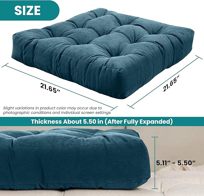 NEST & LOOM Floor Cushions - Floor Chair Pillow, Meditation Cushion, Square Large Floor Pillow, Solid Thick Tufted Floor Pillow - Teal - 21.65" x 21.65"