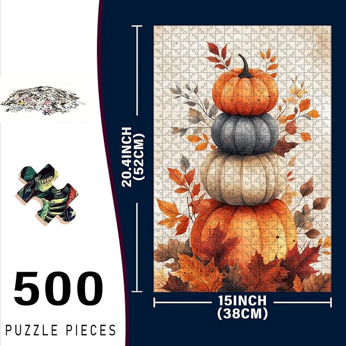 500 Piece Wooden Fall Pumpkin Jigsaw Puzzle Adults & Kids Educational Family Game Stress Relief Brain Teaser to Improve Memory & Cognitive Skills 20.4x15 Inch