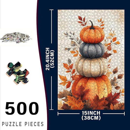 500 Piece Wooden Fall Pumpkin Jigsaw Puzzle Adults & Kids Educational Family Game Stress Relief Brain Teaser to Improve Memory & Cognitive Skills 20.4x15 Inch