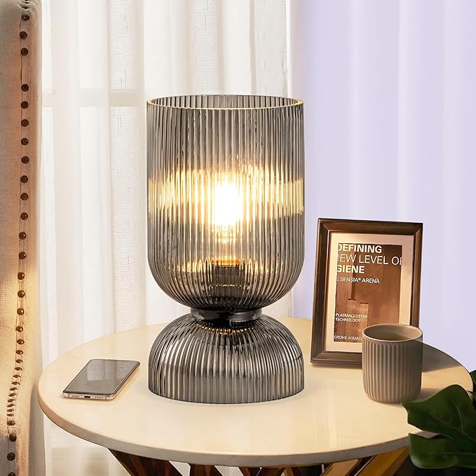 Modern Table Lamp,Glass Mid Century Lamp with Smoky Gray Glass Shade, Bedside Lamp with On/Off Switch, Minimalist Nightstand Lamp for Bedroom, Living Room, Office (Bulb not Included)