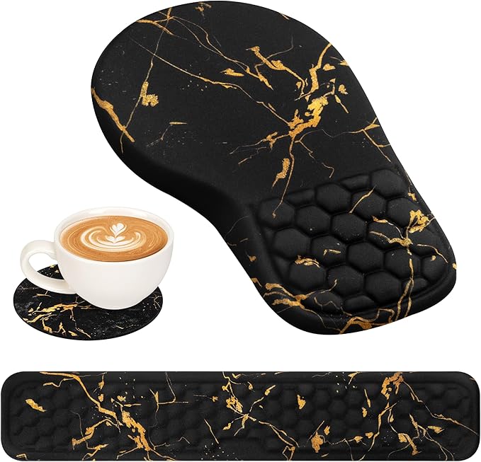 3 in 1 Ergonomic Wrist Rest for Keyeboard and Mouse, Non-Slip Desk Mouse Pad with Wrist Support, Keyboard Wrist Rest and Mouse Pad Set Massage Design (Black Marble)