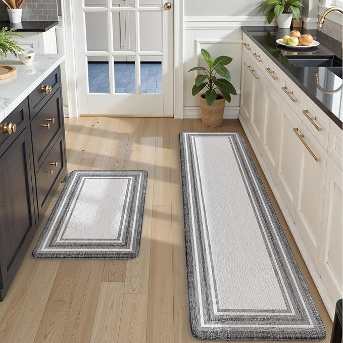 KIMODE Anti Fatigue Kitchen Mats for Floor 2 Piece, Cushioned Farmhouse Kitchen Rugs, Non Slip Kitchen Floor Mats, Comfort Foam Standing Desk Mats for Laundry Office Sink Grey 20"x71"+20"x32"