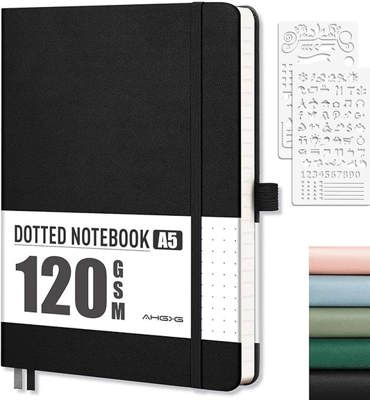 AHGXG Bullet Dotted Journal - Dot Grid Notebook Journal, 120 GSM Thick Acid-Free Paper, A5 Dotted Notebook 160 Pages, Leather Hardcover, Inner Pocket, Journal Stencil, 5.7'' × 8.3'' - Black