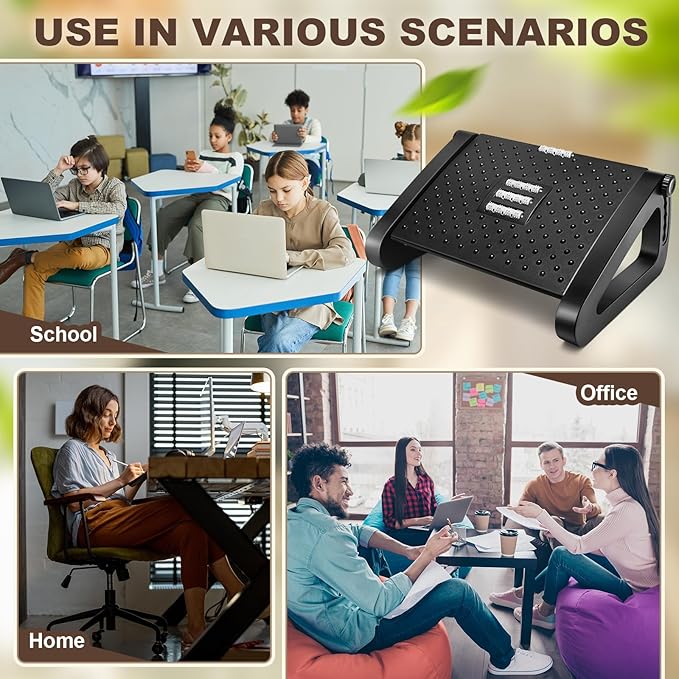 2 Pcs Foot Rest for Under Desk at Work, Ergonomic 6 Heights Adjustable Footrest with Massage Roller, Chair Footrest for Leg Rests for Office and Home Pressure Relief(Black)