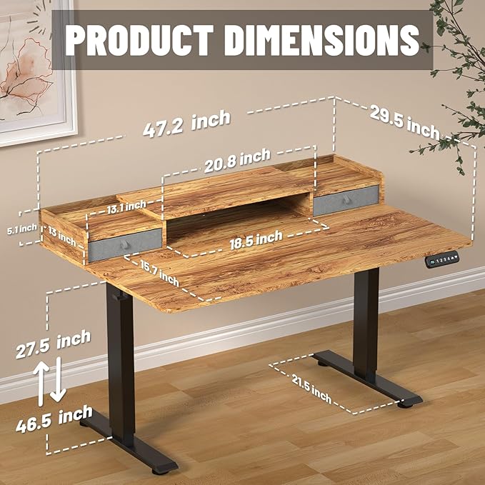 48 x 30 Inch Electric Standing Desk with 2 Drawers, Adjustable Height Widened Stand Up Desk with Storage, Sit to Stand Ergonomic Workstation for Home Office, Light Rustic